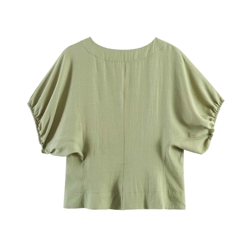 Blusa Elegante de Mujer con Manga Abullonada y Botones Casual Cuello Redondo Color Sólido Camisa de Verano Top Verde Salvia