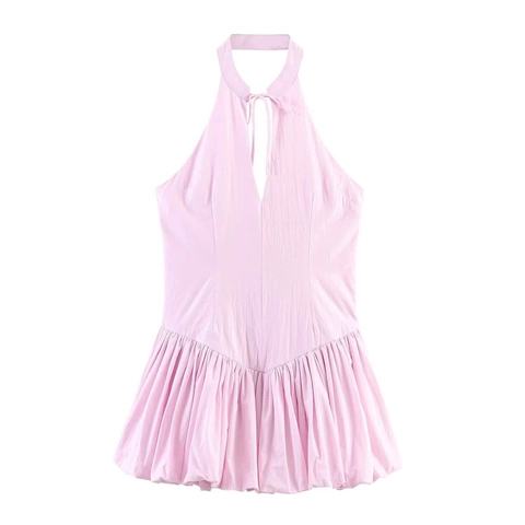 Vestido Mini Rosa para Mujer Cuello Halter Dobladillo Burbuja Fruncido Espalda Descubierta Verano sin Mangas Fiesta Elegante