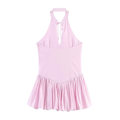 Vestido Mini Rosa para Mujer Cuello Halter Dobladillo Burbuja Fruncido Espalda Descubierta Verano sin Mangas Fiesta Elegante