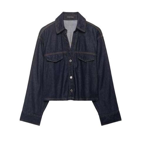 Damen Tiefblau Denim Jacke Und Hohe Taille Weite Hose Casual Pendler Komfortabel Genäht Herbst Kleidung Streetwear