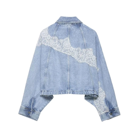 Women's Casual Lace Patchwork Denim Jacket Long Sleeve Button Down Short Jean Coat Floral Embroidery Outerwear