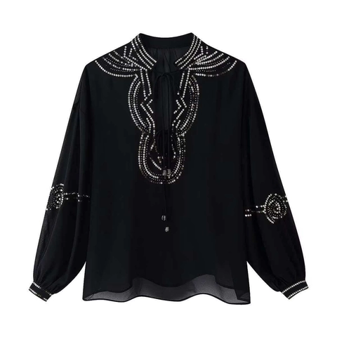 Women Casual Black Mesh Sheer Blouse With Sequins Rivets V-Neck Drawstring Tie Lantern Sleeve Loose Fashion Shirt Top