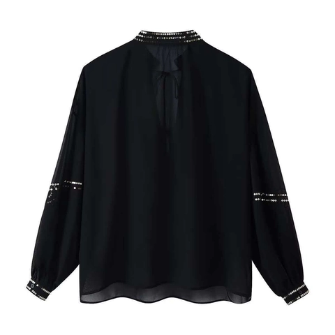 Women Casual Black Mesh Sheer Blouse With Sequins Rivets V-Neck Drawstring Tie Lantern Sleeve Loose Fashion Shirt Top