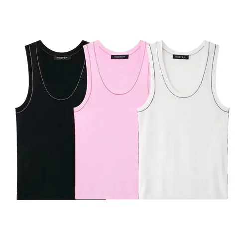 Women Casual Ribbed Knit Tank Top Contrast Stitching U-Neck Sleeveless Slim Fit Summer Streetwear Basic Solid Color Top