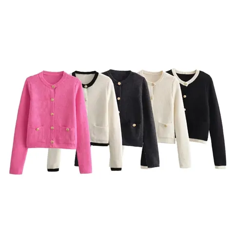 Dames Vintage Elegant Gebreid Vest Ronde Hals Lange Mouw Gouden Knopen Contrastbies Zakken Zacht Top