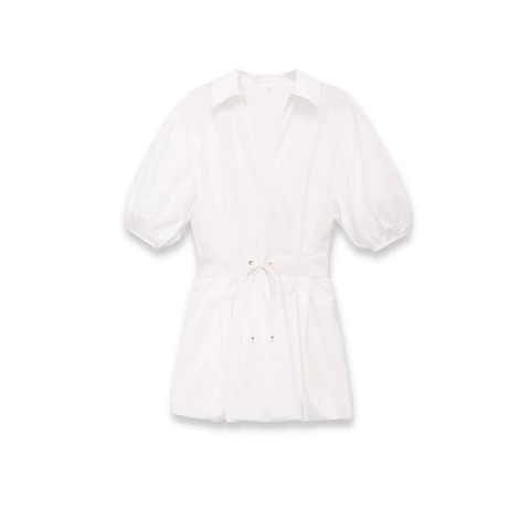 Women V-Neck Puff Sleeve Drawstring Waist Mini Dress Minimalist Solid Color Summer Short Sleeve Commuter Poplin Style Dress