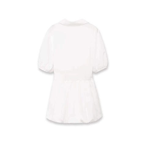 Women V-Neck Puff Sleeve Drawstring Waist Mini Dress Minimalist Solid Color Summer Short Sleeve Commuter Poplin Style Dress