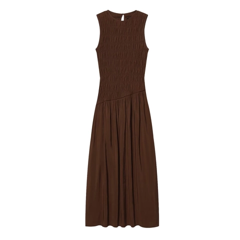 Abito Midi da Donna Elegante Caffè con Smock Senza Maniche Girocollo Tinta Unita Poliestere Moda Estiva Casual Abito Lungo