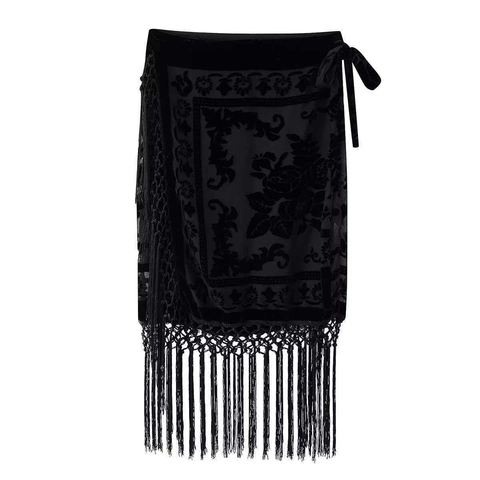 Women Vintage Black Burnout Velvet Floral Wrap Midi Skirt With Tassels Bohemian Rose Pattern Tie Waist Elegant Skirt