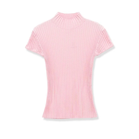 Top de Punto Elegante para Mujer con Cuello Cisne y Manga Corta Color Rosa Sólido Texturizado Suéter Slim Fit para Oficina Diaria