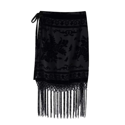 Women Vintage Black Burnout Velvet Floral Wrap Midi Skirt With Tassels Bohemian Rose Pattern Tie Waist Elegant Skirt