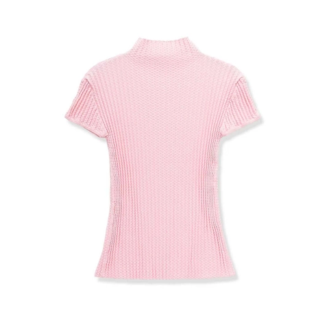 Top de Punto Elegante para Mujer con Cuello Cisne y Manga Corta Color Rosa Sólido Texturizado Suéter Slim Fit para Oficina Diaria