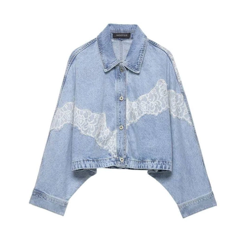 Women's Casual Lace Patchwork Denim Jacket Long Sleeve Button Down Short Jean Coat Floral Embroidery Outerwear