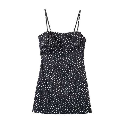 Women Vintage Polka Dot Mini Cami Dress With Ruffles Summer Sleeveless Spaghetti Strap Slim Fit A-Line Short Sexy Party Dress