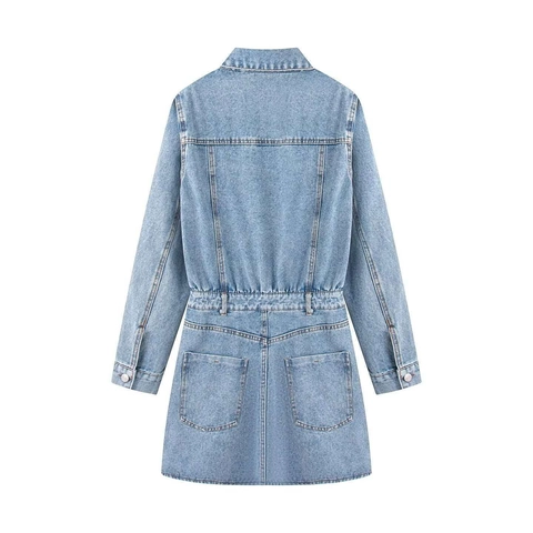 Vestido Midi Casual de Estilo Denim para Mujer Vintage Cuello en V Corte Ajustado Cintura Elástica Manga Larga Poliéster Lavado