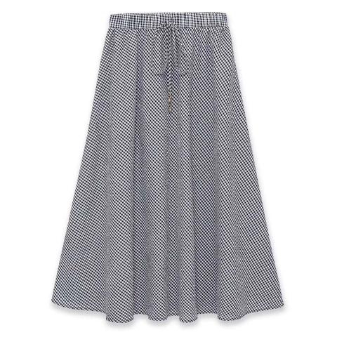 Damen Sommer Gingham Midi Rock Elastische Hohe Taille Kordelzug A-Linie Schwarz Weiß Karierter Rock Lässiger Eleganter Rock