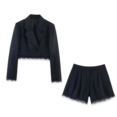 Elegante Zwarte Kant Patchwork Cropped Blazer Jas En High Waist Geplooide Shorts Set Kantoor Vrouwen Casual Pak
