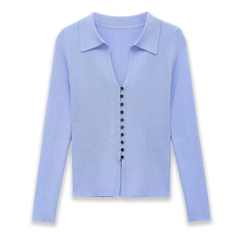 Cárdigan Polo de Punto Acanalado Casual para Mujer Cuello en V Manga Larga Botones Suéter Top Azul Claro Lavanda Elegante