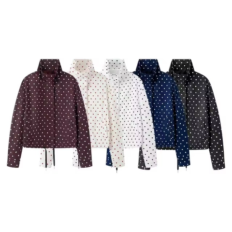 Women Casual Polka Dot Jacket Stand Collar Long Sleeve Zipper Coat With Drawstring Hem Spring Autumn Fashion Outerwear