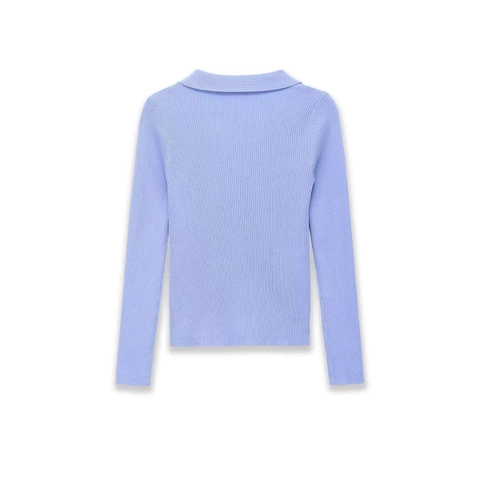 Cárdigan Polo de Punto Acanalado Casual para Mujer Cuello en V Manga Larga Botones Suéter Top Azul Claro Lavanda Elegante