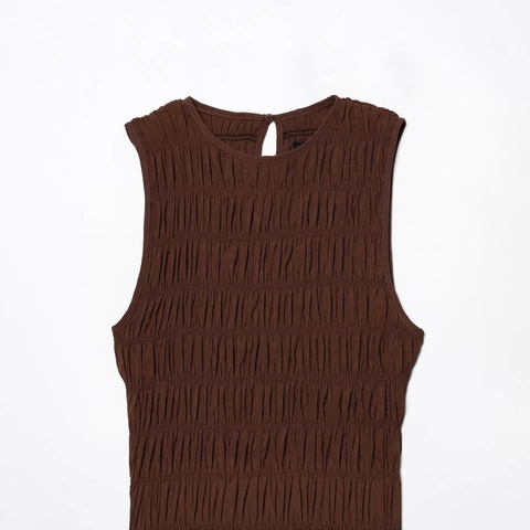 Abito Midi da Donna Elegante Caffè con Smock Senza Maniche Girocollo Tinta Unita Poliestere Moda Estiva Casual Abito Lungo