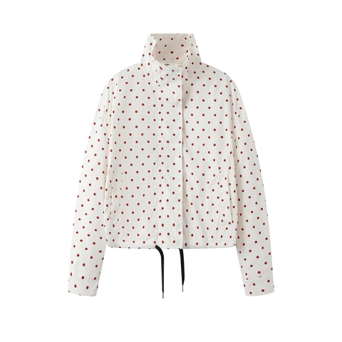 Women Casual Polka Dot Jacket Stand Collar Long Sleeve Zipper Coat With Drawstring Hem Spring Autumn Fashion Outerwear