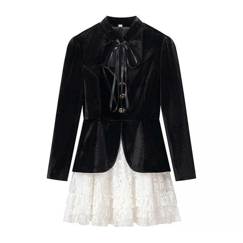 Elegante Vestito Vintage da Donna in Velluto Nero e Pizzo Bianco Patchwork Slim Vita Alta Manica Lunga a Tromba Finto Due Pezzi Mini Abito Festa Banchetto