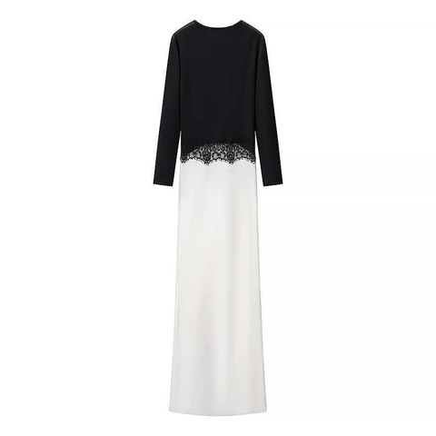 Dames Elegante Contrastkleur Zwart En Wit Kant Stiksel Lange Mouwen V-Hals Maxi Jurk Slim Fit Avondfeest Jurk