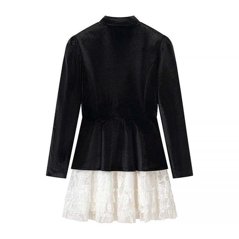 Elegante Vestito Vintage da Donna in Velluto Nero e Pizzo Bianco Patchwork Slim Vita Alta Manica Lunga a Tromba Finto Due Pezzi Mini Abito Festa Banchetto