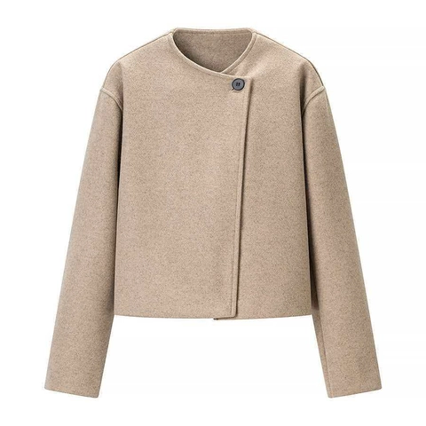 Giacca Corta di Lana Casual da Donna Cachi Girocollo Bottone Singolo Cappotto alla Moda
