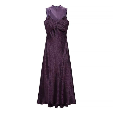 Damen Elegant Mesh Spleißen Ärmellos Maxi Kleid Schlanke Passform Stehkragen Lila Satin Optik Abendparty Formelle Robe