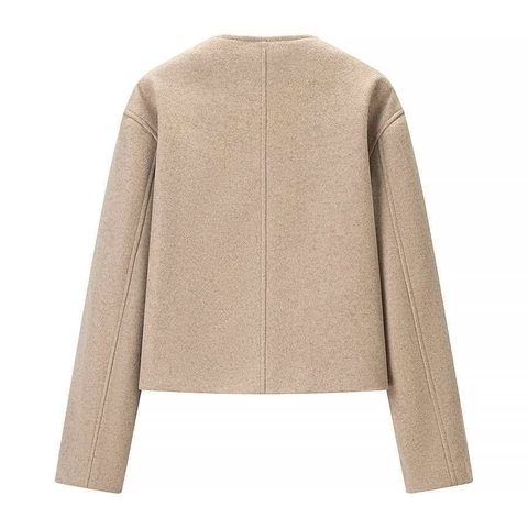 Giacca Corta di Lana Casual da Donna Cachi Girocollo Bottone Singolo Cappotto alla Moda