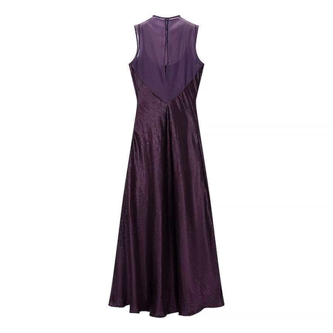 Damen Elegant Mesh Spleißen Ärmellos Maxi Kleid Schlanke Passform Stehkragen Lila Satin Optik Abendparty Formelle Robe