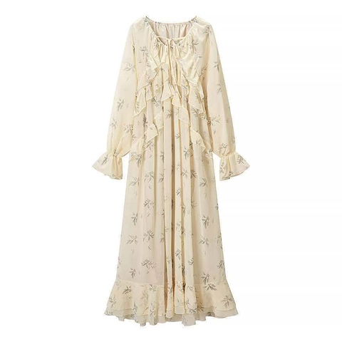 Women Elegant Floral Long Sleeve Midi Dress V Neck Ruffle Tiered Cake Skirt Slim Waist Chiffon Look Polyester Long Dress