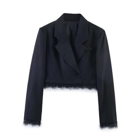 Elegante Zwarte Kant Patchwork Cropped Blazer Jas En High Waist Geplooide Shorts Set Kantoor Vrouwen Casual Pak