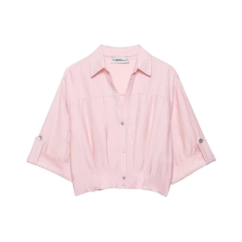 Women's V Neck Pink Short Sleeve Blouse Pleated Waist Button Front Solid Color Casual Polyester Shirt Summer Fashion Top