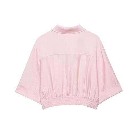 Women's V Neck Pink Short Sleeve Blouse Pleated Waist Button Front Solid Color Casual Polyester Shirt Summer Fashion Top