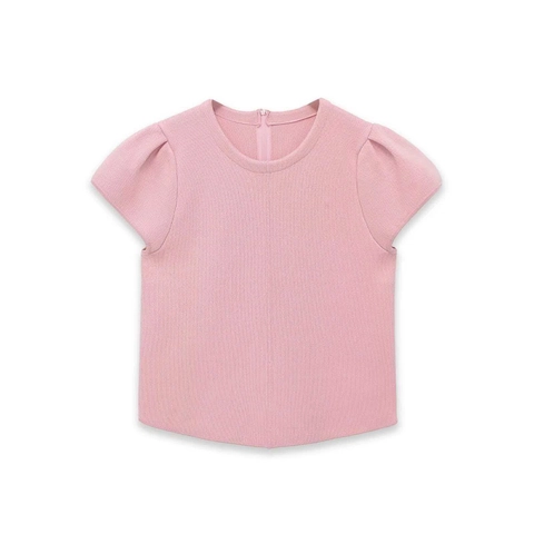Women Casual Solid Pink Short Sleeve Knit Top Elegant Puff Sleeve Round Neck Ribbed Pullover Slim Fit T-Shirt With Back Zipper