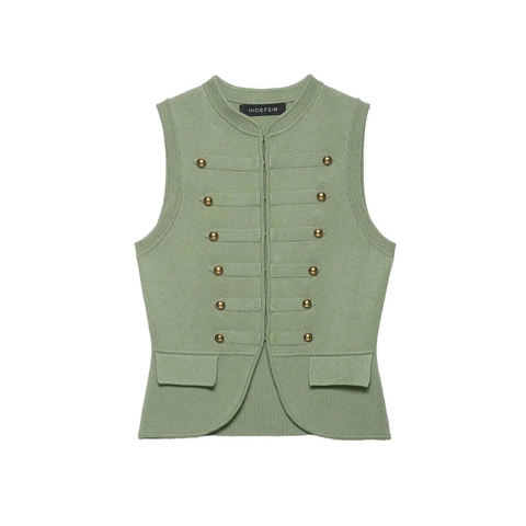 Women's Vintage Military Style Knit Vest Double Breasted Round Neck Sleeveless Slim Fit Tank Top Solid Color Casual Summer Fashion Upper Clothing