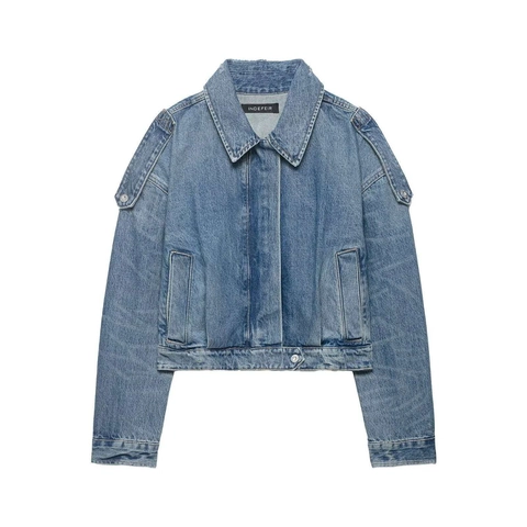 Damen Vintage Gewaschen Denim Jacke Distressed Kurz Blau Jeans Mantel Retro Casual Baumwolle Outerwear Mit Schulterklappen