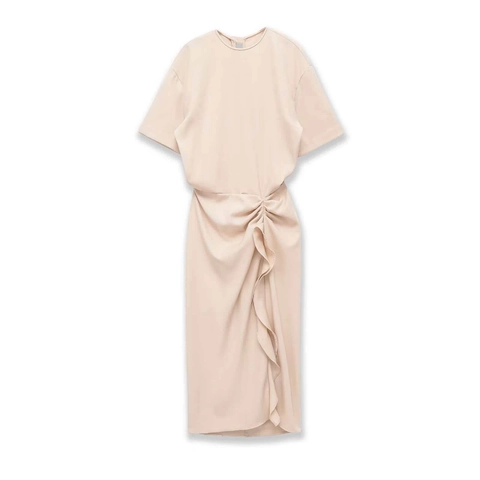 Women Elegant Round Neck Short Sleeve Ruched Midi Dress Asymmetrical Ruffle Hem Apricot Solid Color Summer Slim Fit Dress