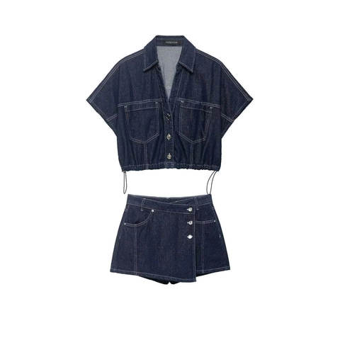 Set Due Pezzi Denim Casual da Donna Camicia Crop a Maniche Corte e Gonna Pantalone Asimmetrica Con Coulisse Tasche Cuciture a Contrasto