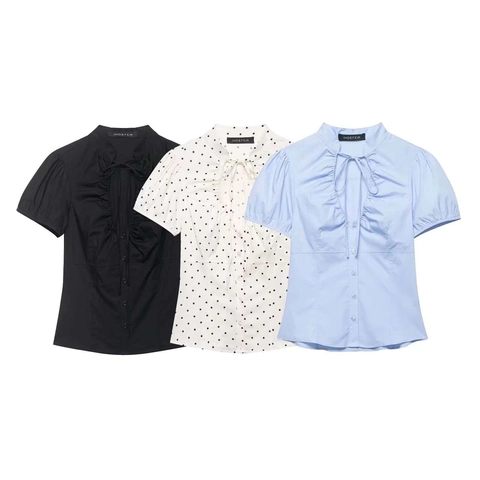 Women Short Sleeve V Neck Tie Front Ruffle Blouse Slim Fit Polka Dot Solid Button Down Shirt Summer Casual Tops