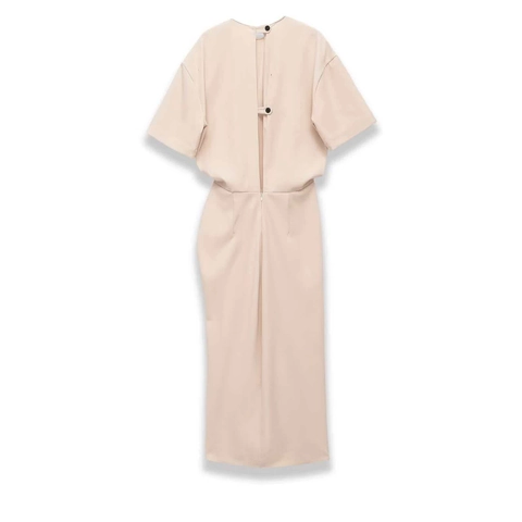 Women Elegant Round Neck Short Sleeve Ruched Midi Dress Asymmetrical Ruffle Hem Apricot Solid Color Summer Slim Fit Dress