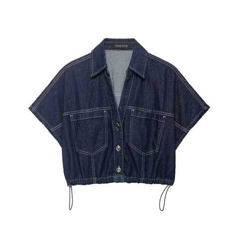 Set Due Pezzi Denim Casual da Donna Camicia Crop a Maniche Corte e Gonna Pantalone Asimmetrica Con Coulisse Tasche Cuciture a Contrasto