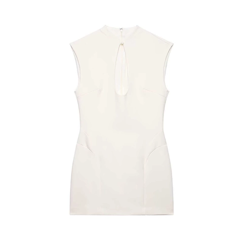 Dames Mouwloos Opstaande Hals Sleutelgat Mini Jurk Bodycon Slanke Pasvorm Wit Zomer Feest Elegant Polyester Jurk