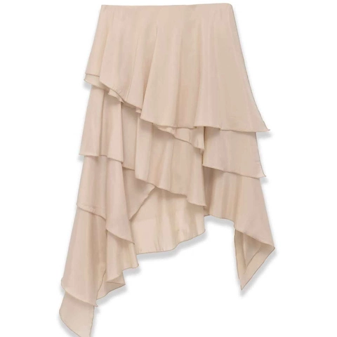 Elegant Women Apricot Ruffle Layered Midi Skirt Asymmetric Hem A-Line Drapey Polyester Summer Fashion Commuting Skirt