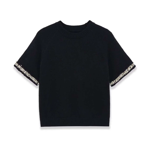 Women Elegant Short Sleeve Knit Sweater With Faux Artificial Pearl Rhinestone Decoration Round Neck Solid Color Polyester Knitwear Top