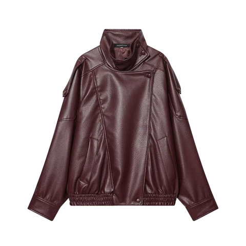 Women's Casual PU Leather Biker Jacket Loose Fit Vintage Standing Collar Long Sleeve Elastic Hem Windproof Outerwear Coat