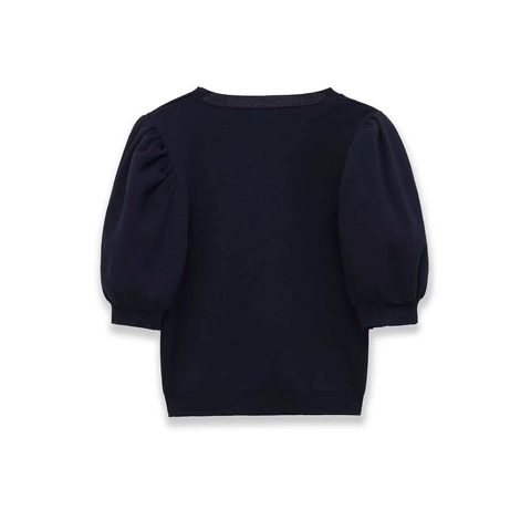 Women Elegant Heart Cut Out Knitted Top Puff Sleeve Round Neck Solid Color Polyester Short Sleeve Casual Knitwear Blouse